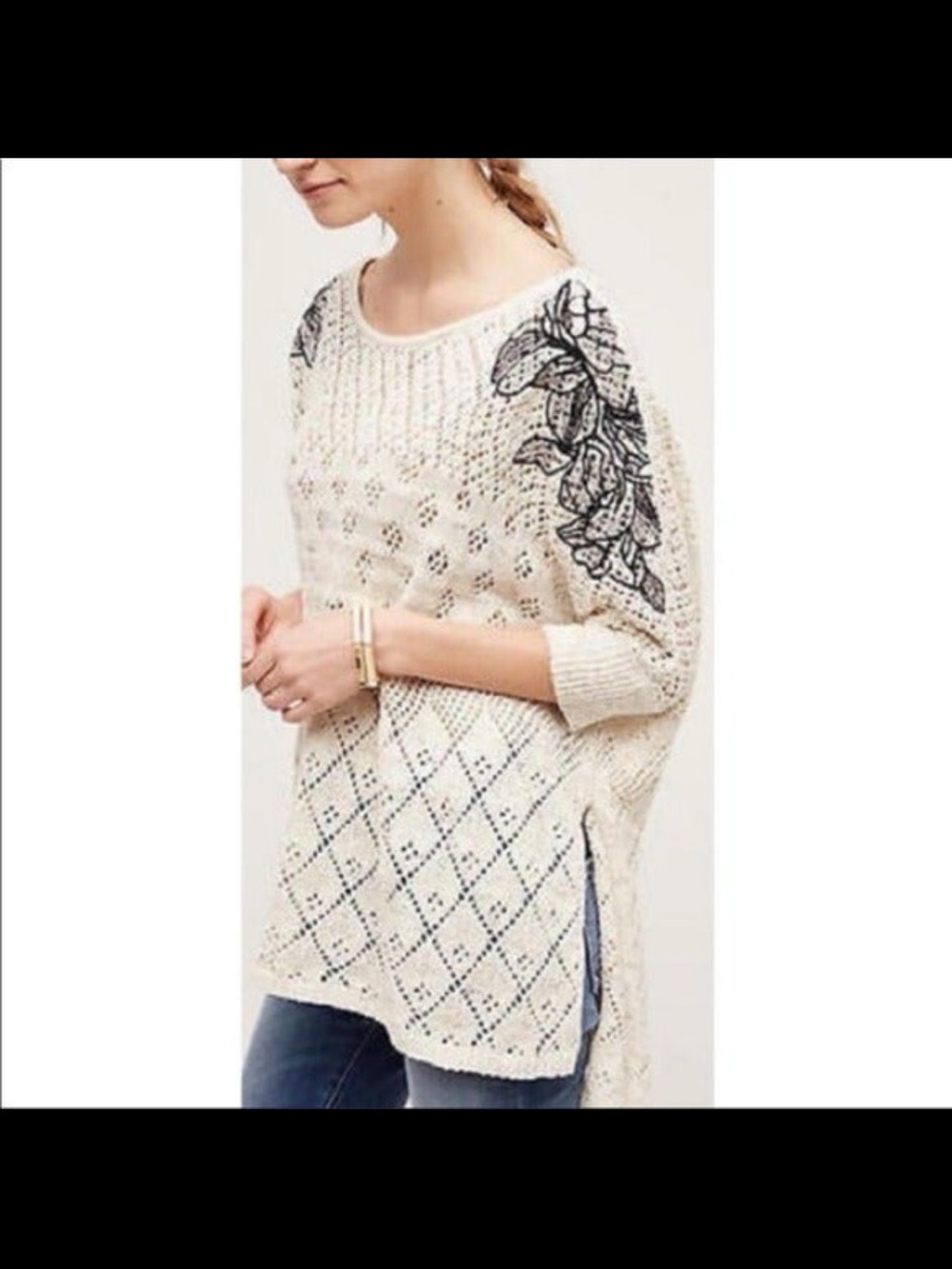Anthropologie Cream Open-Knit Sweater with Black Embroidery